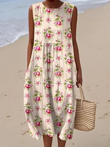 Women's Sleeveless Polyester Maxi Dress Casual Round Neck Printed A-Line Vacation Beach Summer Sundress with Pockets