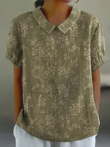 Elegant women's casual floral print short sleeve top with polo collar in olive green