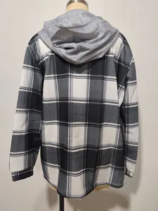 Detailed rear view of a black and white checkered plaid hoodie featuring a grey hood.