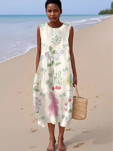 Casual sleeveless maxi dress with cute rabbit and floral print on beach background