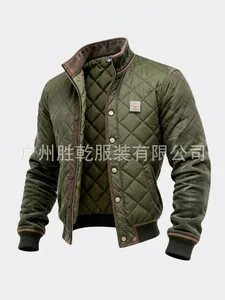 Men's Casual Stand Collar Quilted Jacket Solid Color Army Green Winter Padded Coat With Pockets For Outdoor Daily Wear