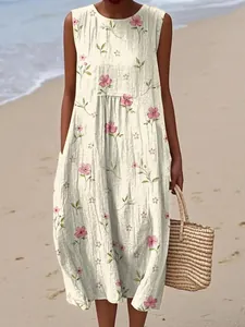 Elegant sleeveless floral maxi dress with bohemian print for summer beach wear