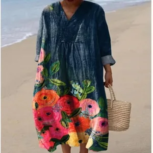 Elegant loose V-neck long sleeve dress featuring vibrant floral print for women