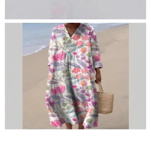 Vibrant floral print loose V-neck long-sleeve bohemian maxi dress for beach vacation