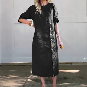 Dames Jurk Met Ronde Hals Katoen Linnen Polyester Elegant Casual Effen Kleur Zijknop Midi Jurk Korte Mouw A-Lijn Lange Jurk Voor Woon-Werkverkeer Dagelijks