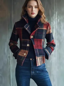 Vintage karierte Wolljacke für Damen mit Reverskragen und Knöpfen