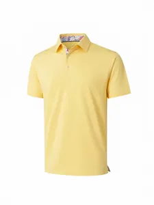 Polo transpirable de manga corta para hombre amarillo con elegante detalle de cuello floral