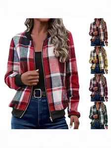 Women Retro Plaid Printed Zipper Jacket Long Sleeve Slim Fit Bomber Jacket Polyester Outerwear For Casual Daily Top