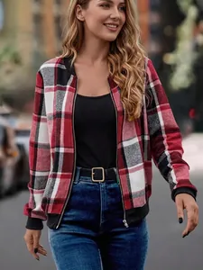 Stylish red and black plaid print zip-up bomber jacket for women's autumn fashion.