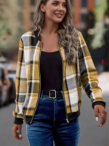 Stylish yellow and black plaid zip-up bomber jacket for women in casual outdoor street style