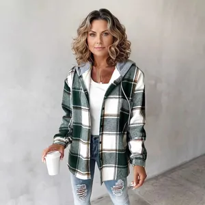 Casual women's green and white plaid hooded jacket for autumn winter stylish wear
