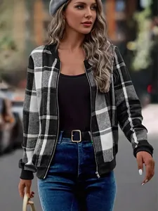 Women's slim fit plaid zip-up jacket with black and white checkered print.
