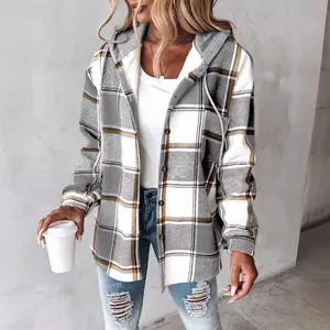 Women's oversized plaid hooded jacket with grey and white check pattern for autumn