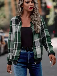 Women's stylish green plaid print bomber jacket with front zipper and long sleeves