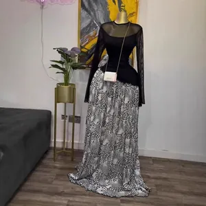 Robe d'automne pour femme avec manches en mesh et jupe longue plissée imprimée