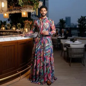 Sexy colorful tie-dye print mesh maxi dress with long sleeves for formal evening events