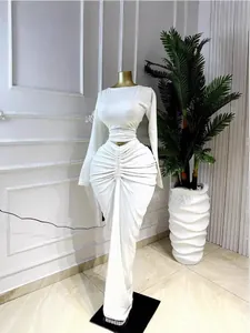 Women Ruched Long Sleeve Top And Maxi Skirt Polyester Solid Color Slim Fit Top And Bottom For Party Casual Daily Wear
