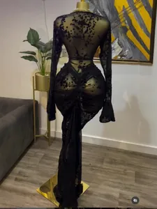 Elegant sexy black long sleeve mesh dress with floral flocking and ruffles detail