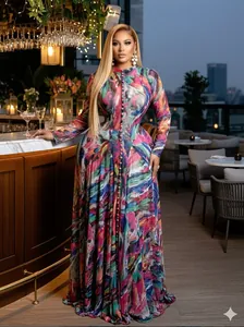 Vibrant multi-colored tie-dye mesh maxi dress with long sleeves for elegant evening wear.
