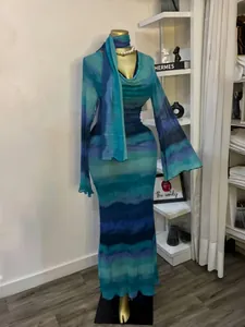 Vestito Maxi da Donna Elegante con Stampa Tie Dye Top And Bottom Manica Lunga Girocollo Aderente Abbigliamento in Poliestere con Sciarpa