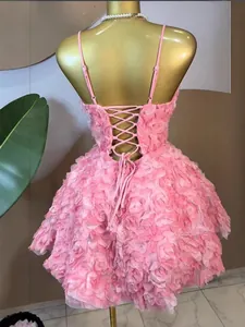 Achterkant van roze bubble dress met 3D-rozenblaadjes en vetersluiting