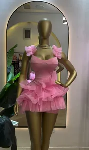Elegant close-up of a sweet pink ruffled sleeveless bubble mini dress with layered details