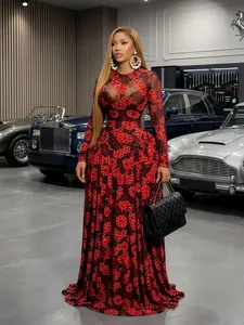 Elegante vestito lungo in rete a fiori rossi con maniche lunghe e girocollo da donna