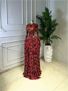 Elegante abito lungo in rete trasparente con stampa floreale rossa e maniche lunghe