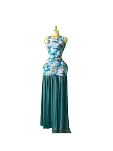Detailed front view of an elegant tie-dye print sleeveless patchwork maxi dress on mannequin