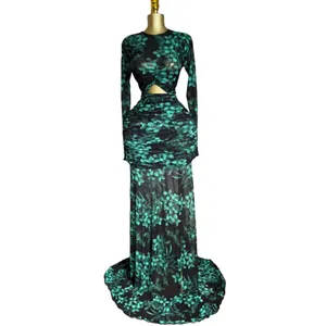 Elegant long sleeve floral mesh maxi dress with waist cut-out and ruched details.