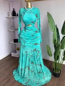 Elegant turquoise long sleeve ruched cutout mesh print mermaid evening party gown