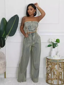 Conjunto de Mezclilla Lavada para Mujer Top Bandeau Sin Tirantes y Pantalones de Pierna Ancha Cintura Alta Dos Piezas Outfits