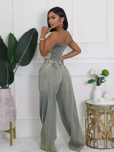 Conjunto de dos piezas con top de tubo y pantalones de mezclilla de pierna ancha