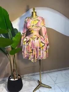 Vue détaillée d'une robe en maille transparente avec imprimé feuilles et jupe plissée