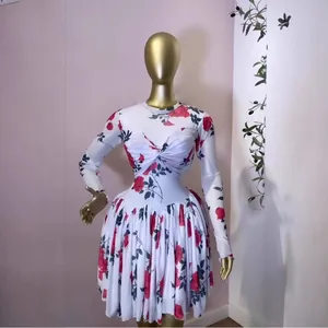 Robe élégante en résille transparente avec imprimé rose et jupe plissée sur mannequin doré