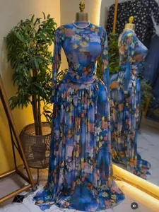 Elegante blauwe maxi-jurk voor dames met bloemenprint, mesh, plissé en lange mouwen