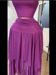 Purple summer set with cropped tank top and high-waist irregular layered midi skirt