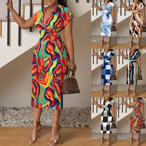 Women V-Neck Slim Bodycon Print Midi Dress Sexy Short Sleeve Polyester Office Lady Cocktail Party Dress
