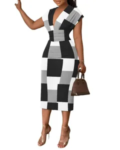 Sexy V-neck bodycon midi dress with black and white geometric pattern for women