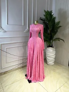 Vestido Largo Elegante con Estampado Floral para Mujer Manga Larga Cuello Redondo Ribete de Botones Vestido de Noche para Banquete Rosa