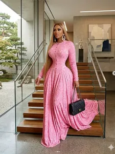 Elegante vestido largo rosa de manga larga estampado con botones para fiestas de noche