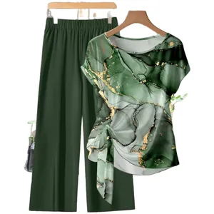 Elegant two-piece women's set featuring green marble print knotted top and wide-leg trousers