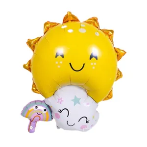 Adorable smiling sun and cloud aluminum foil balloon for colorful birthday party decorations.