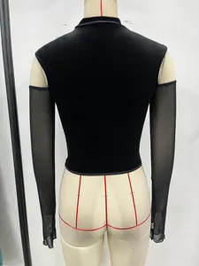Back view of sexy black crop top with sheer mesh long sleeves and mock neck