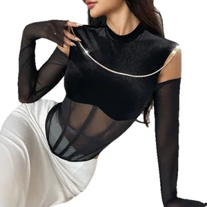 Sexy sheer mesh long sleeve corset top featuring rhinestone chain detail and boning