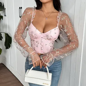 Elegant pink embroidered sheer mesh long sleeve corset top featuring delicate floral patterns