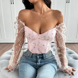 Detail view of pink embroidered mesh corset top with sheer sleeves and floral patterns