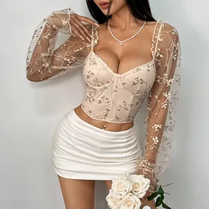 Close-up of embroidered sheer mesh corset top with elegant floral patterns and boning