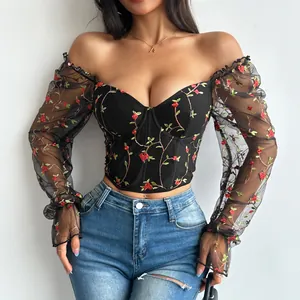 Detailed view of red floral embroidery on black sheer mesh sleeves of a corset top.