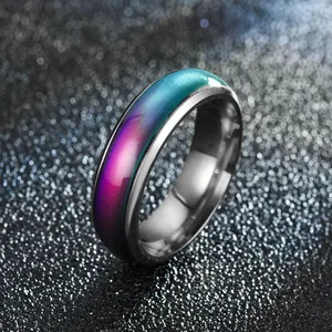 Detailansicht eines Edelstahlrings mit temperatursensitivem Farbwechseleffekt und Glanz